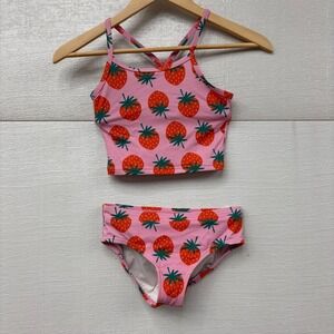 Hanna Anderson Kids Strawberry Print Bikini Tankin Swimsuit Pink Girls Size 8